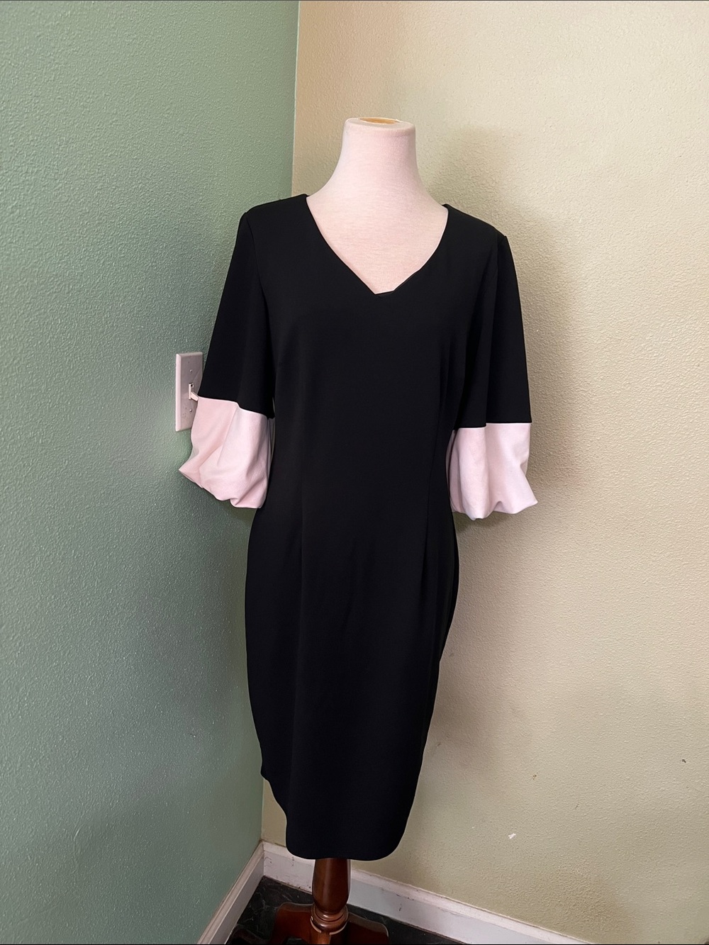 New York & Company Black Midi Dress with Blush Ruffle Sleeves